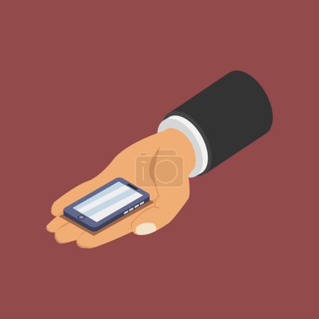 Téléchargez les illustrations : Main tenant icône smartphone moderne sur fond brun - en licence libre de droit