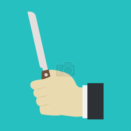 Téléchargez les illustrations : Vue rapprochée de la main masculine et du couteau sur fond turquoise - en licence libre de droit