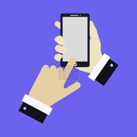 Ilustración de Manos sosteniendo el icono de teléfono inteligente moderno sobre fondo azul - Imagen libre de derechos