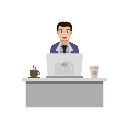 Illustration for Young man using laptop computer at workplace on white background - Royalty Free Image