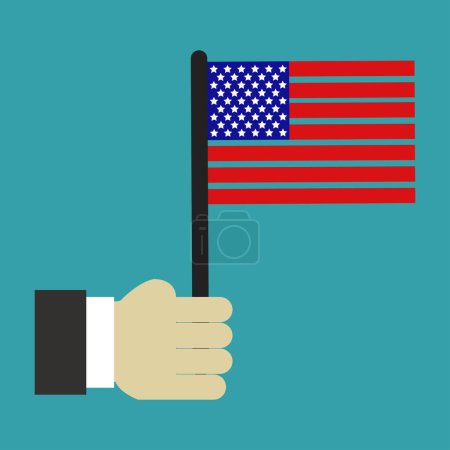 Illustration for Close-up view of male hand and US flag on turquoise background - Royalty Free Image