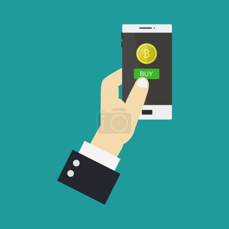 Téléchargez les illustrations : Acheter icône Bitcoin avec la main et le téléphone - en licence libre de droit
