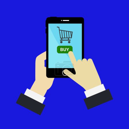 Illustration for Online shopping via smartphone in hands, vector illustration - Royalty Free Image