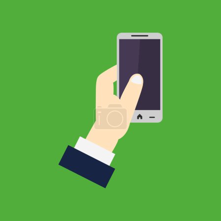 Téléchargez les illustrations : Main tenant icône smartphone moderne sur fond vert - en licence libre de droit