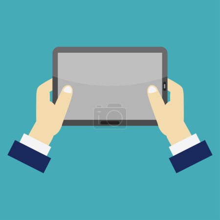 Ilustración de Vista de cerca de manos masculinas sosteniendo tableta digital con pantalla en blanco - Imagen libre de derechos