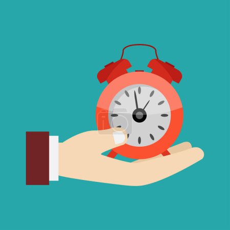 Illustration for Close-up view of male hand and alarm clock on turquoise background - Royalty Free Image