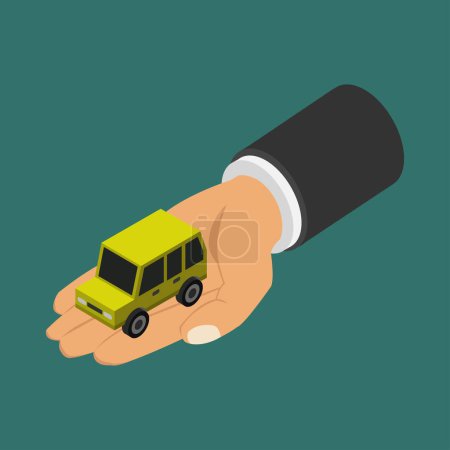 Illustration for Hand holding car icon on green background - Royalty Free Image