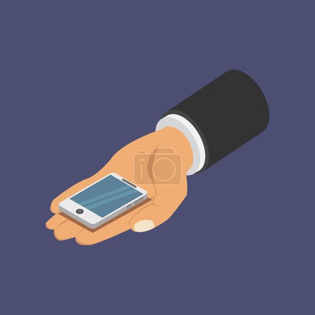 Illustration for Hand holding modern smartphone icon on dark background - Royalty Free Image