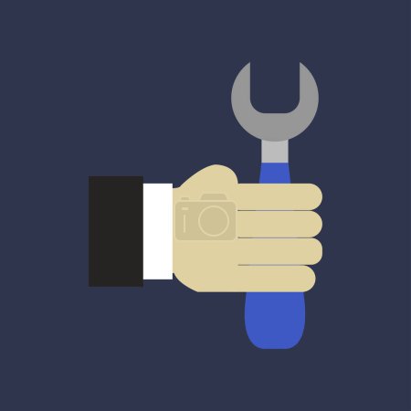 Illustration for Hand holding wrench icon on dark blue background - Royalty Free Image