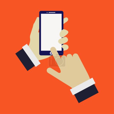 Téléchargez les illustrations : Mains tenant icône smartphone moderne sur fond orange - en licence libre de droit