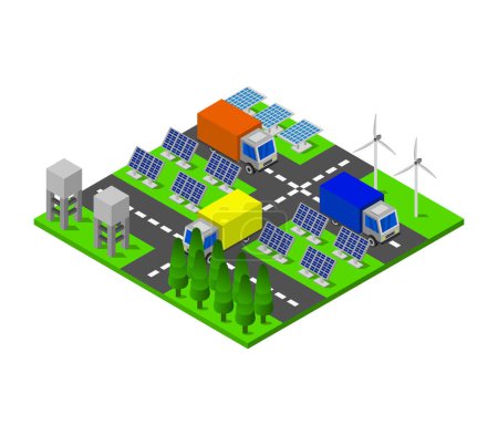 Téléchargez les illustrations : Panneaux solaires modernes et moulins à vent sur fond blanc, concept écologique - en licence libre de droit