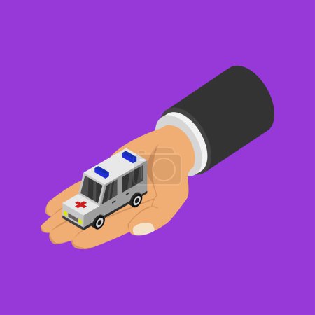 Téléchargez les illustrations : Main tenant l'icône ambulance sur fond violet - en licence libre de droit