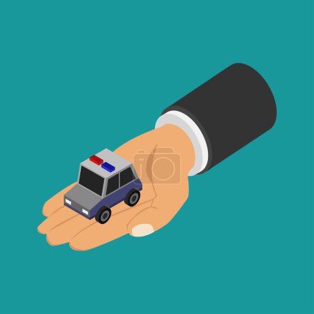 Illustration for Close-up view of male hand and police car on green background - Royalty Free Image