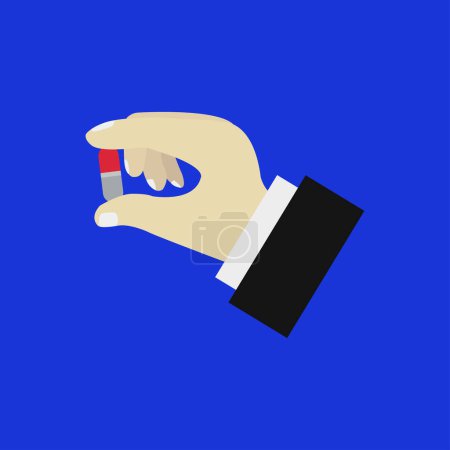 Illustration for Close-up view of male hand and pill on blue background - Royalty Free Image