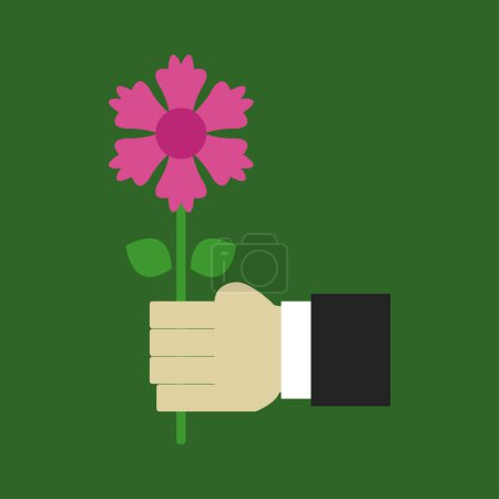 Ilustración de Vista de cerca de la mano masculina y la flor sobre fondo verde - Imagen libre de derechos