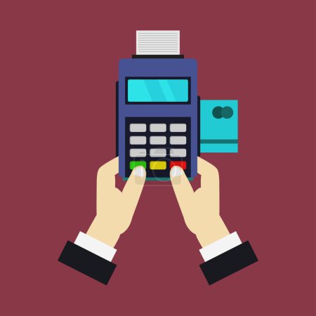 Illustration for Close-up view of male hands and Payment terminal on color background - Royalty Free Image