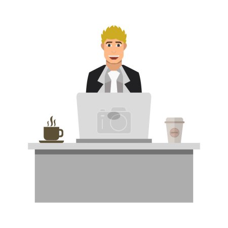 Téléchargez les illustrations : Jeune homme utilisant un ordinateur portable sur le lieu de travail sur fond blanc - en licence libre de droit