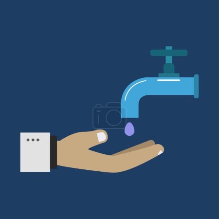 Téléchargez les illustrations : Main avec robinet et eau, concept d'économie d'eau - en licence libre de droit