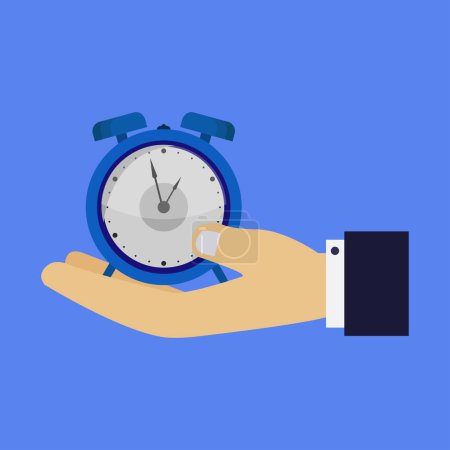 Illustration for Close-up view of male hand and alarm clock on blue background - Royalty Free Image