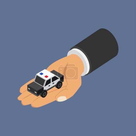 Illustration for Close-up view of male hand and police car on grey background - Royalty Free Image