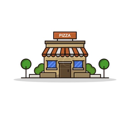 Téléchargez les illustrations : Icône de magasin de pizza dans le design vectoriel de style plat - en licence libre de droit