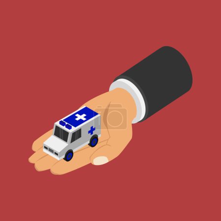 Illustration for Hand holding ambulance icon on red background - Royalty Free Image