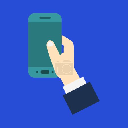 Téléchargez les illustrations : Main tenant icône smartphone moderne sur fond bleu - en licence libre de droit