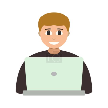 Ilustración de Hombre joven que utiliza el ordenador portátil en el lugar de trabajo sobre fondo blanco - Imagen libre de derechos