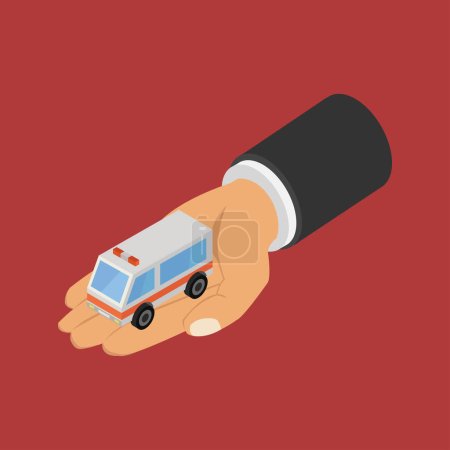 Ilustración de Mano sosteniendo icono de ambulancia sobre fondo rojo - Imagen libre de derechos