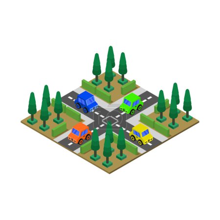 Ilustración de Camino de la ciudad isométrica con árboles y coches - Imagen libre de derechos