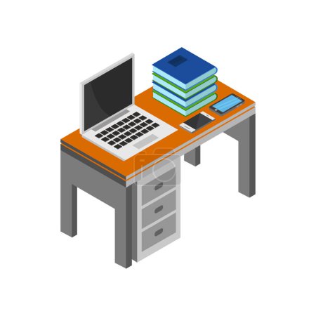 Téléchargez les illustrations : Ordinateur de bureau avec livres et icône informatique, concept d'éducation en ligne - en licence libre de droit