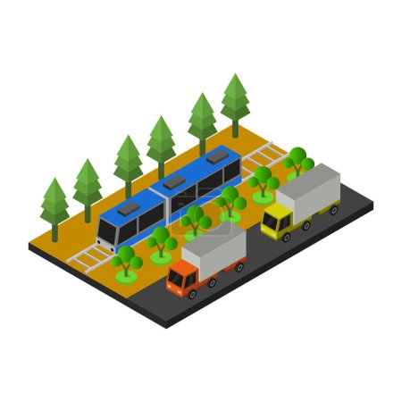 Illustration for Train and trucks on the road, vector illustration simple design - Royalty Free Image