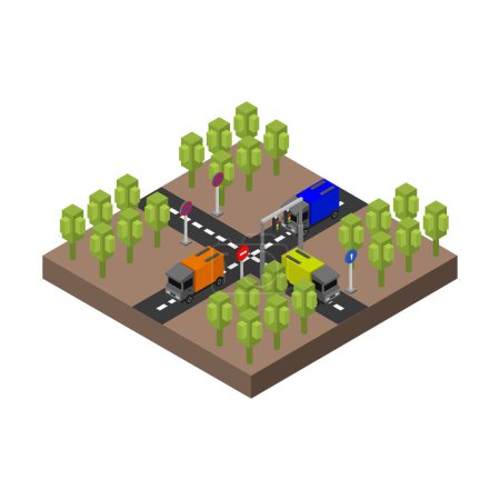 Illustration for Isometric city park with road and cars. 3 d vector illustration. - Royalty Free Image