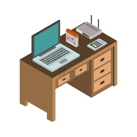 Téléchargez les illustrations : Lieu de travail du bureau avec ordinateur portable et livres vectoriel illustration design - en licence libre de droit
