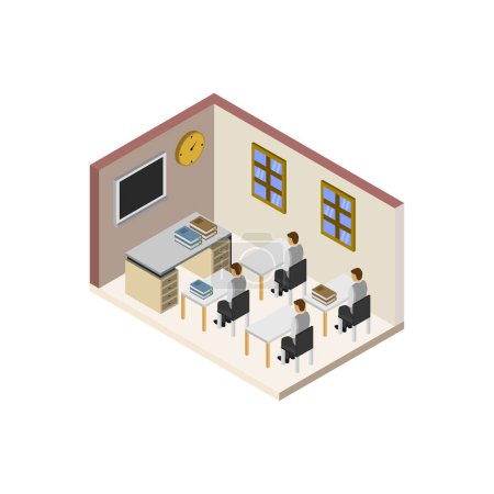 Illustration for Isometric office interior composition with business workers with tables and chairs vector illustration - Royalty Free Image
