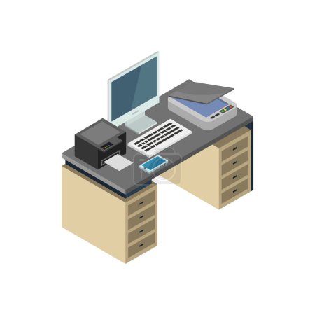 Ilustración de Espacio de trabajo de oficina isométrica con icono de la computadora, diseño de ilustración vectorial - Imagen libre de derechos