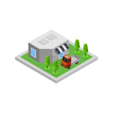 Illustration for Isometric vector illustration, modern city and house, car, van, delivery, transportation, logistics - Royalty Free Image