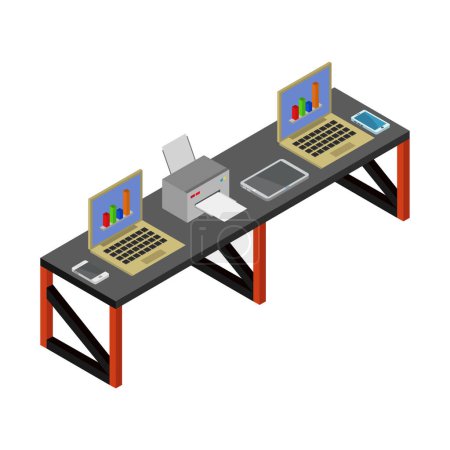 Ilustración de Escritorio de oficina con ordenador portátil y carpetas icono - Imagen libre de derechos