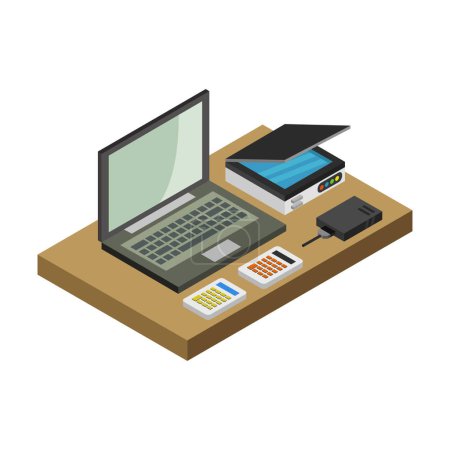 Téléchargez les illustrations : Espace de travail isométrique de bureau avec icône informatique, illustration vectorielle - en licence libre de droit