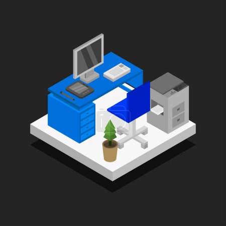 Illustration for Isometric office interior with computer and books, vector illustration - Royalty Free Image