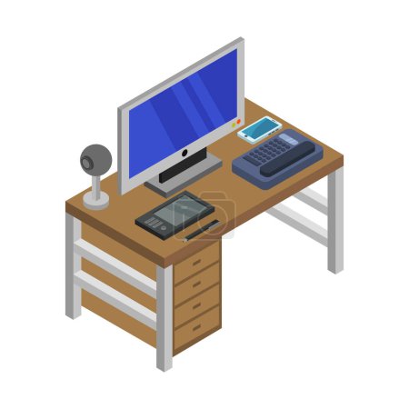 Ilustración de Escritorio de oficina con ordenador portátil y smartphone vector ilustración diseño gráfico - Imagen libre de derechos