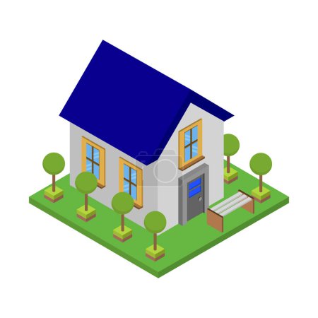 Ilustración de Ilustración vectorial de casa isométrica con hierba verde y árboles - Imagen libre de derechos
