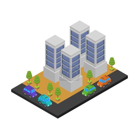 Téléchargez les illustrations : Ville isométrique avec des voitures et des arbres illustration vectorielle - en licence libre de droit