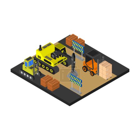 Illustration for Isometric warehouse composition with icons of truck with boxes with forklift vector illustration - Royalty Free Image