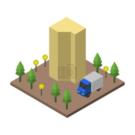 Téléchargez les illustrations : Bâtiment isométrique avec arbres et camion - en licence libre de droit