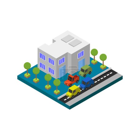 Illustration for Car and parking isometric composition with buildings vector illustration - Royalty Free Image