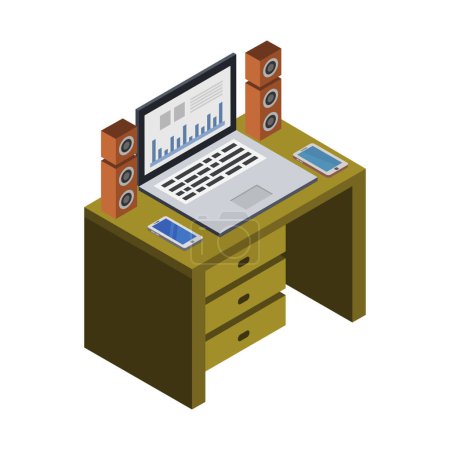 Ilustración de Lugar de trabajo de oficina isométrica con computadora en el escritorio, diseño de ilustración vectorial - Imagen libre de derechos