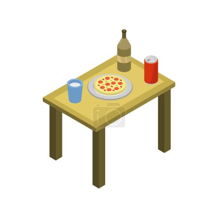 Téléchargez les illustrations : Table de style isométrique avec pizza isométrique ville moderne, illustration vectorielle design simple - en licence libre de droit