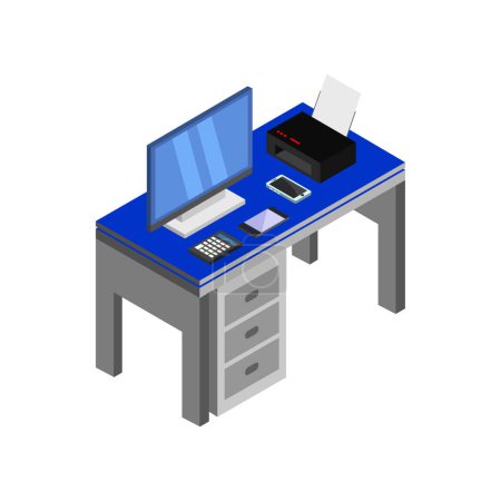 Ilustración de Computadora de escritorio con elementos de oficina vector ilustración diseño gráfico - Imagen libre de derechos