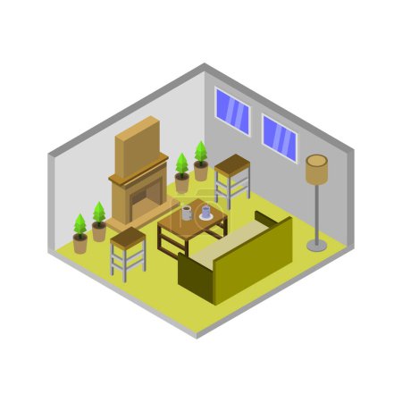 Ilustración de Interior isométrico de la sala de estar apartamento con chimenea, vector de ilustración - Imagen libre de derechos